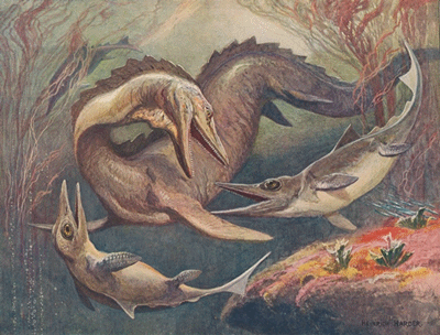 Mosasaurus and Ichthyosaurs by Heinrich Harder